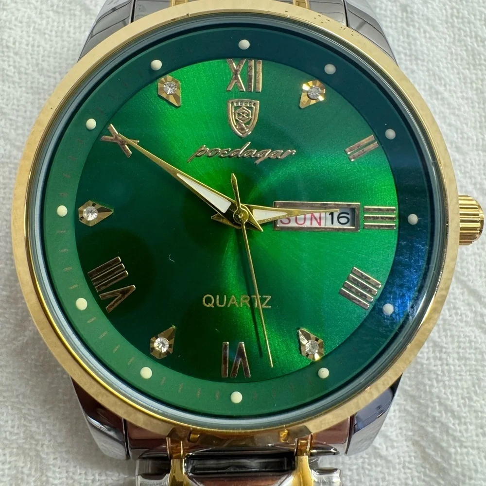 POEDAGAR Men's Watch Date Week Waterproof Luminous Quartz Stainless Steel Green